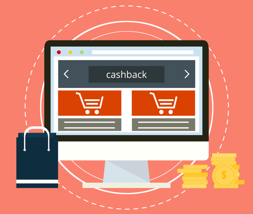 Ilustração de compra online no computador com indicação de cashback