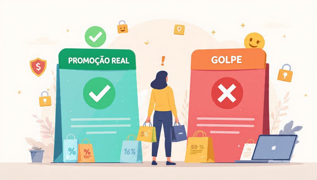 Como identificar promoções verdadeiras e evitar golpes: comparação visual entre oferta legítima e golpe com ícones de segurança, smartphone e laptop.
