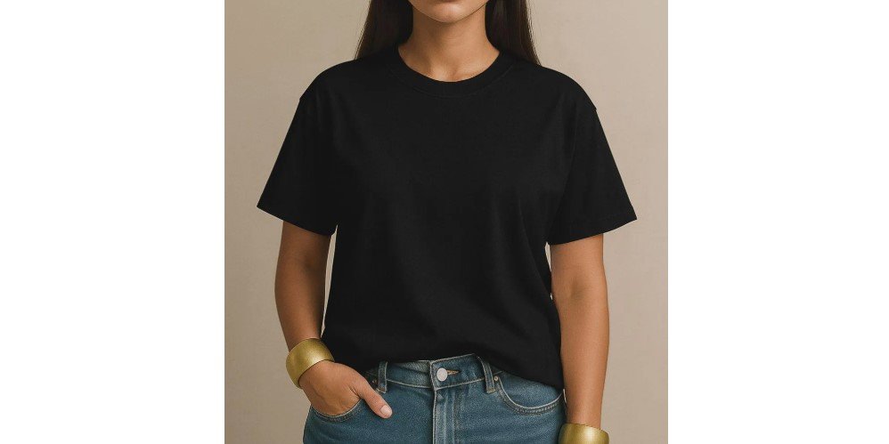 Camiseta básica feminina de algodão exibida na página do produto