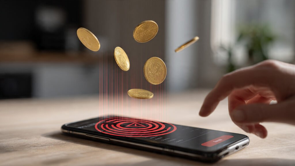 Moedas sendo impedidas de entrar em aplicativo de cashback no celular indicando crédito bloqueado.