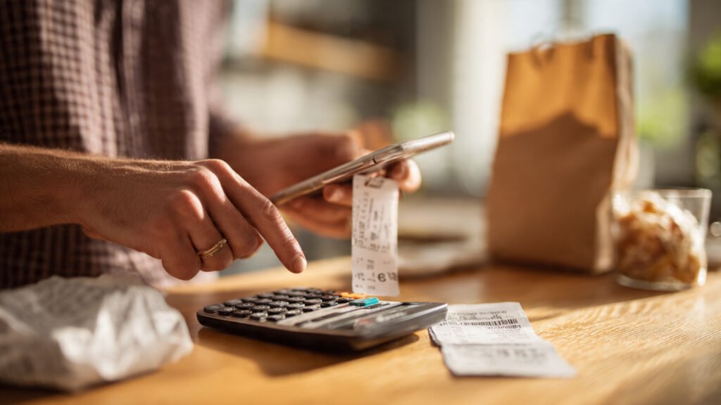 Pessoa comparando preços usando calculadora no celular e etiqueta de produto para verificar se uma promoção vale a pena