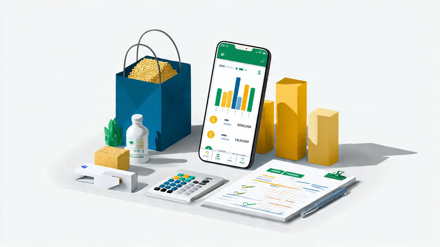 Smartphone mostrando comparação de preços ao lado de calculadora, checklist e sacola de compras sobre mesa