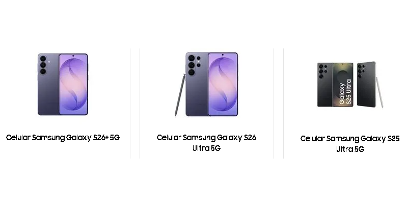 Prateleira online da Samsung com modelos de celulares, incluindo o Galaxy S26.