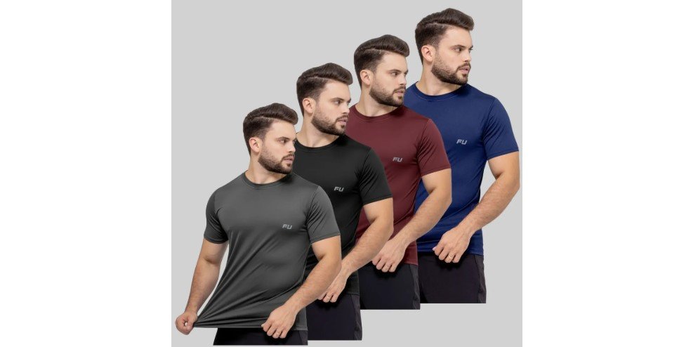 Kit com 4 camisas masculinas para academia exibido na loja online