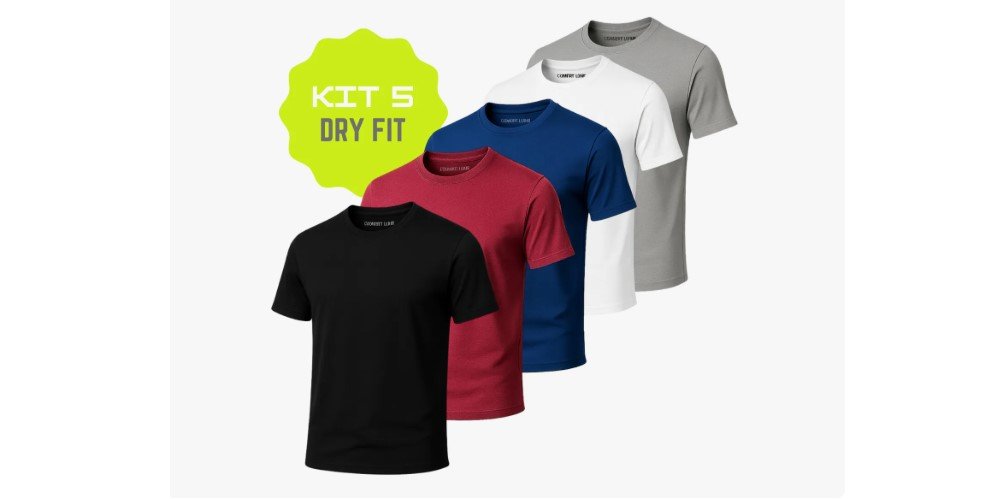 Kit camisa academia masculina com 5 peças dry fit exibido na loja online