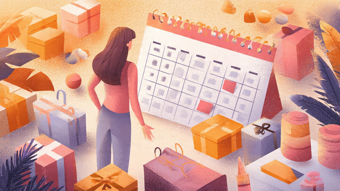 Mulher analisando um calendário cercada por presentes e produtos para identificar as melhores épocas de compra.
