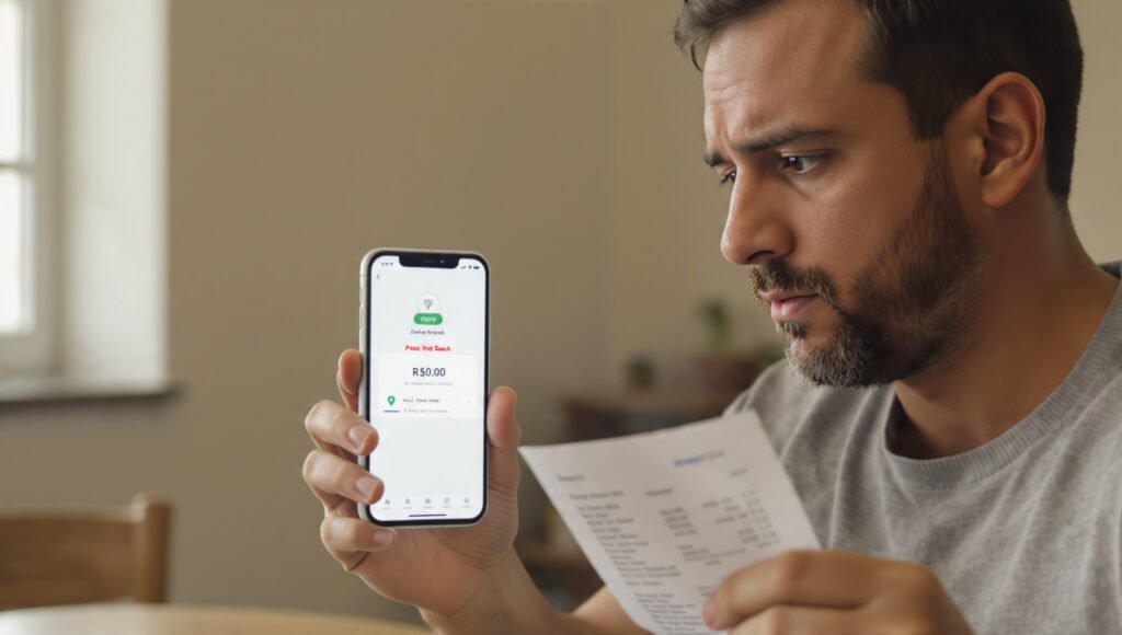Pessoa segurando smartphone com app de cashback e um comprovante impresso, expressão preocupada.
