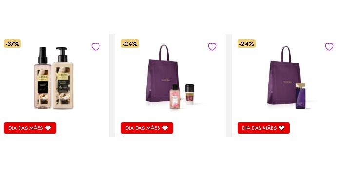 Produtos em oferta para presente de Dia das Mães exibidos na loja online