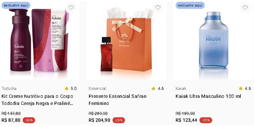 Exemplo de produtos na Natura para economizar na natura com cupom e cashback na primeira compra
