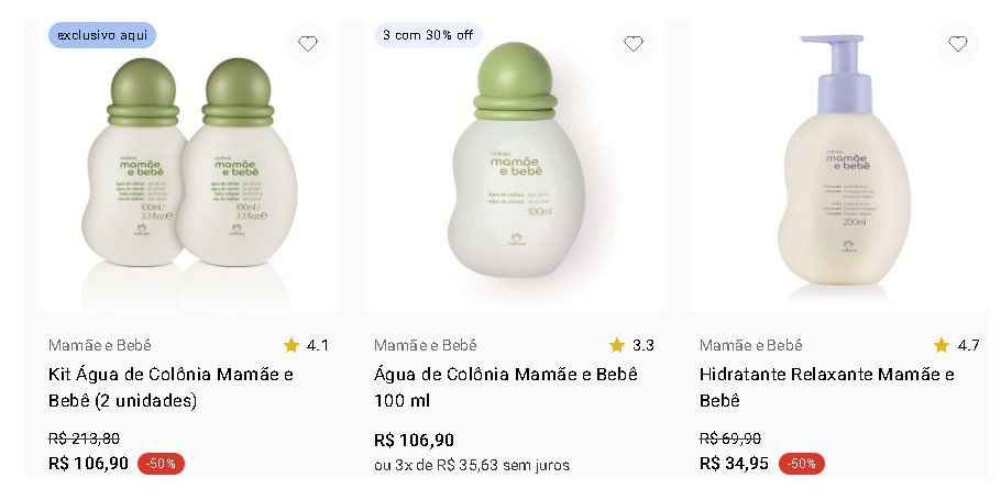 Produtos da linha Natura infantil com desconto em promoção