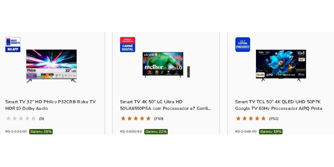Seleção de TVs em oferta na Casas Bahia com cashback